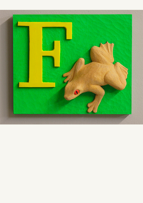 F is for Frog, carved panel by wood carver Paul Reiber