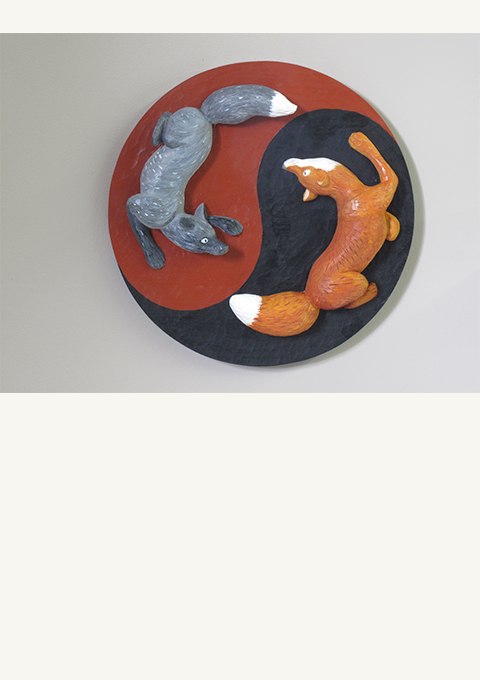 Foxes, carved panel by wood carver Paul Reiber